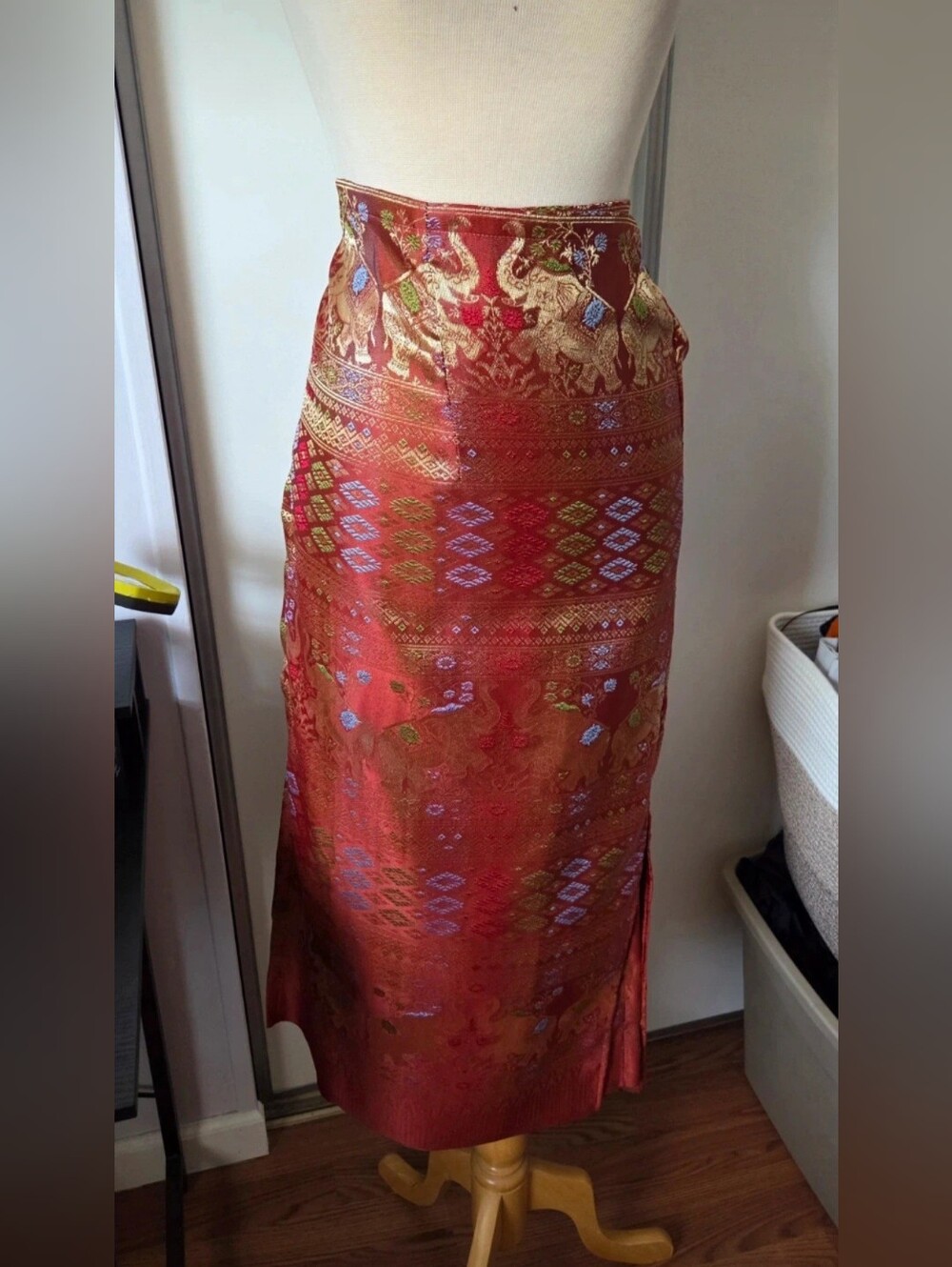 Silk Brocade Red Skirt with Gold Thai Accents Sz S/M